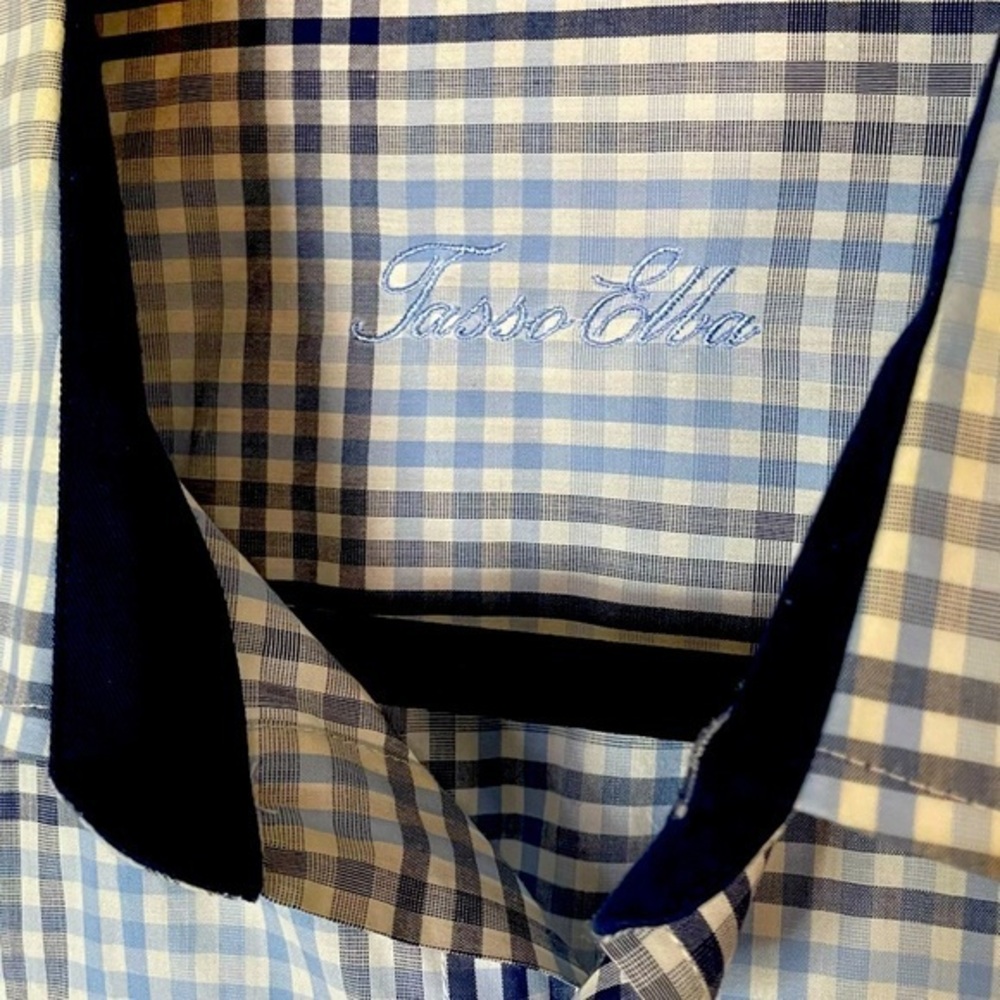 Tasso Elba Navy White Light Blue Plaid Button Down Long Sleeve Shirt Size Large - Picture 3 of 6